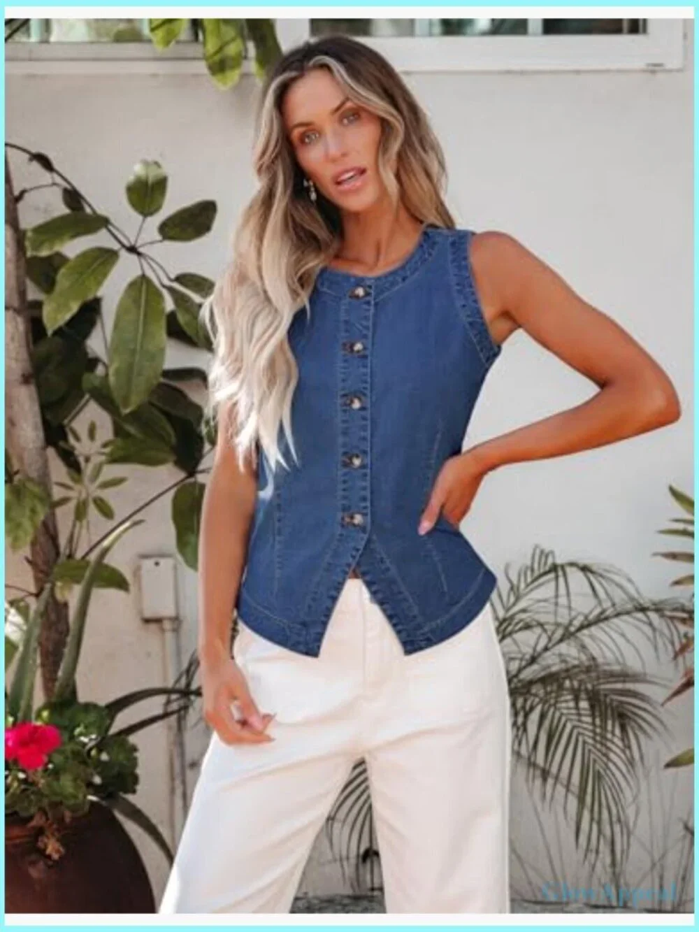 Sleeveless Stretchy Jean Vest Top Button Down Crewneck Casual Western Waistcoat